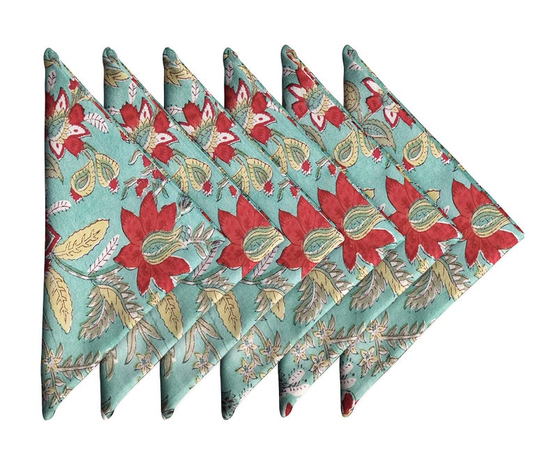 AVKA Studio Craftbot Cotton Print Dinner Napkins 18x18 inches - Washable Cloth Napkins Set of 6 - Everyday Use or Dinner Party and Events - Green Indian Block Printed Soft Fabric - Image 1